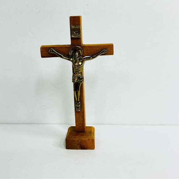 crucifix inri table top wood and metal 4.5 inch lw jesus catholic christian - Picture 1 of 5